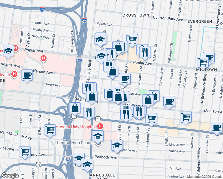 map of restaurants, bars, coffee shops, grocery stores, and more near 1292 Court Avenue in Memphis