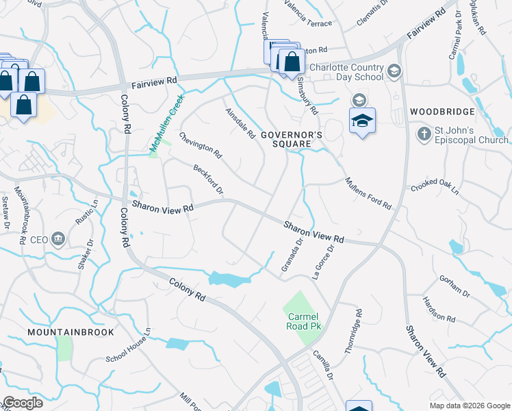 map of restaurants, bars, coffee shops, grocery stores, and more near 4233 Sharon View Rd in Charlotte