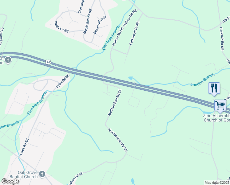 map of restaurants, bars, coffee shops, grocery stores, and more near 208 McClanahan Rd SE in Cleveland