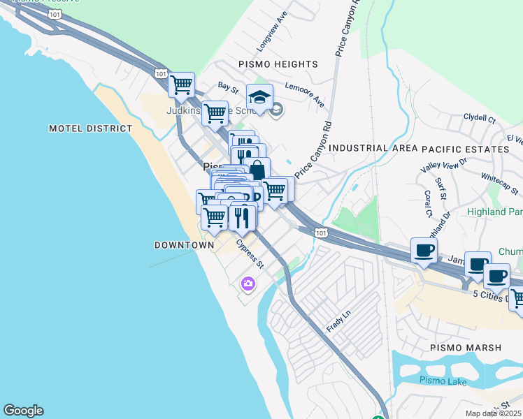 map of restaurants, bars, coffee shops, grocery stores, and more near 352 Hinds Avenue in Pismo Beach