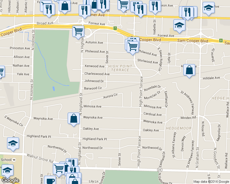 map of restaurants, bars, coffee shops, grocery stores, and more near 3640 Aurora Circle in Memphis