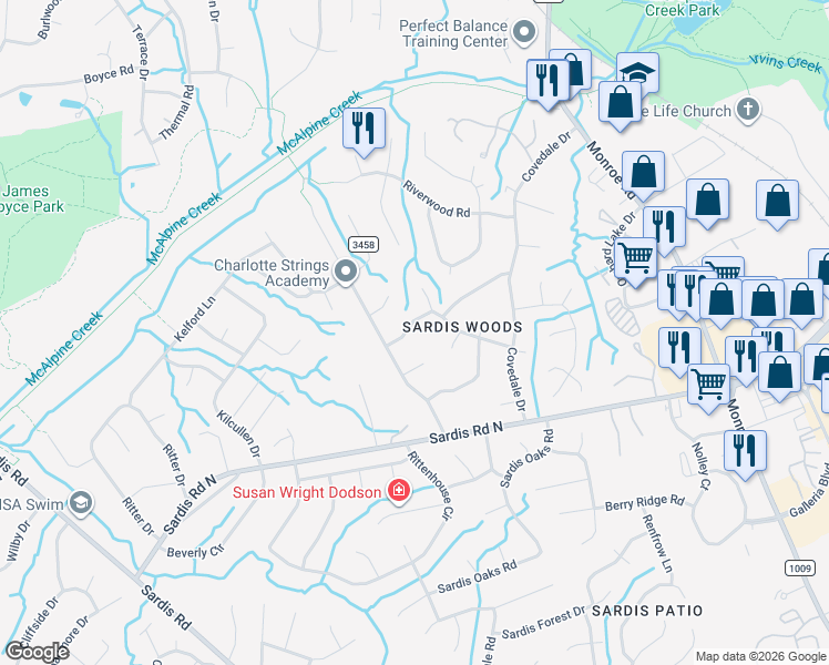 map of restaurants, bars, coffee shops, grocery stores, and more near 718 Falls Church Road in Charlotte
