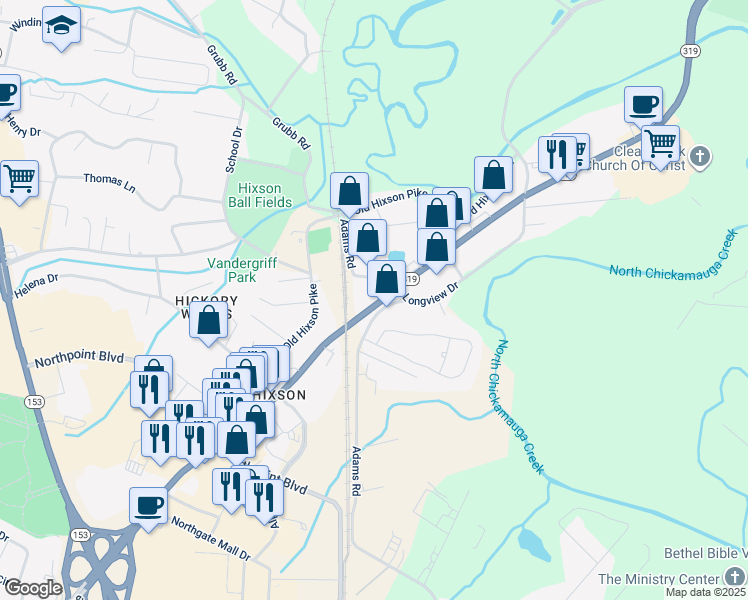 map of restaurants, bars, coffee shops, grocery stores, and more near 5501 Old Hixson Pike in Chattanooga