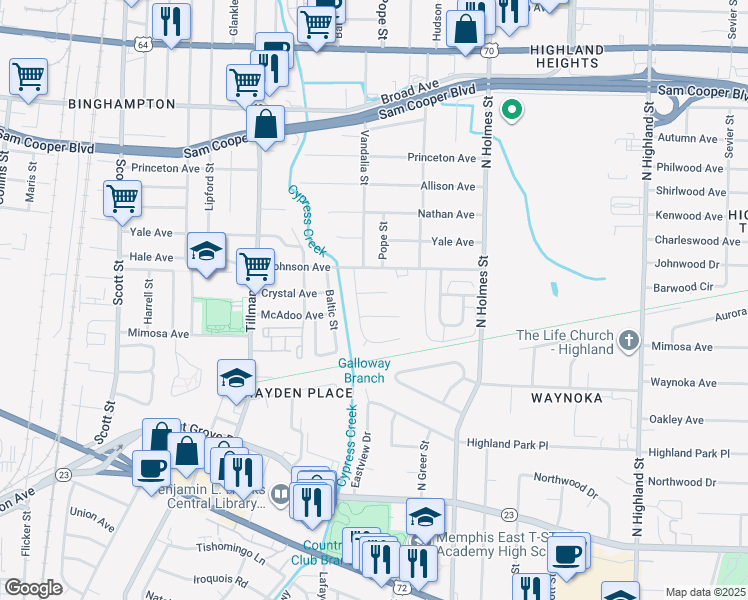 map of restaurants, bars, coffee shops, grocery stores, and more near 306 Eastview Street in Memphis