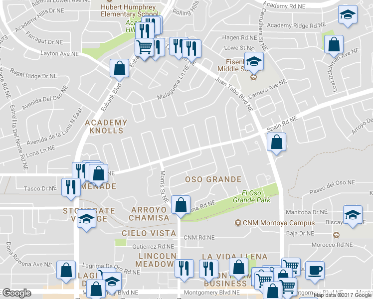 map of restaurants, bars, coffee shops, grocery stores, and more near 5301 Dee Drive Northeast in Albuquerque