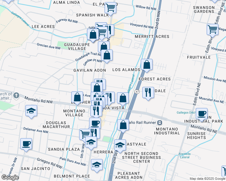 map of restaurants, bars, coffee shops, grocery stores, and more near 306 Sandia Road Northwest in Albuquerque