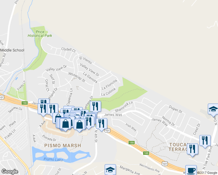 map of restaurants, bars, coffee shops, grocery stores, and more near 130 La Floricita in Pismo Beach