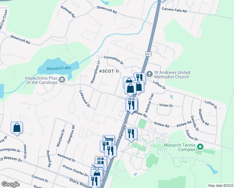 map of restaurants, bars, coffee shops, grocery stores, and more near 5602 Blythewood Lane in Fayetteville
