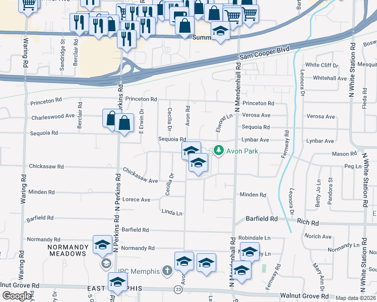 map of restaurants, bars, coffee shops, grocery stores, and more near 349 Avon Road in Memphis