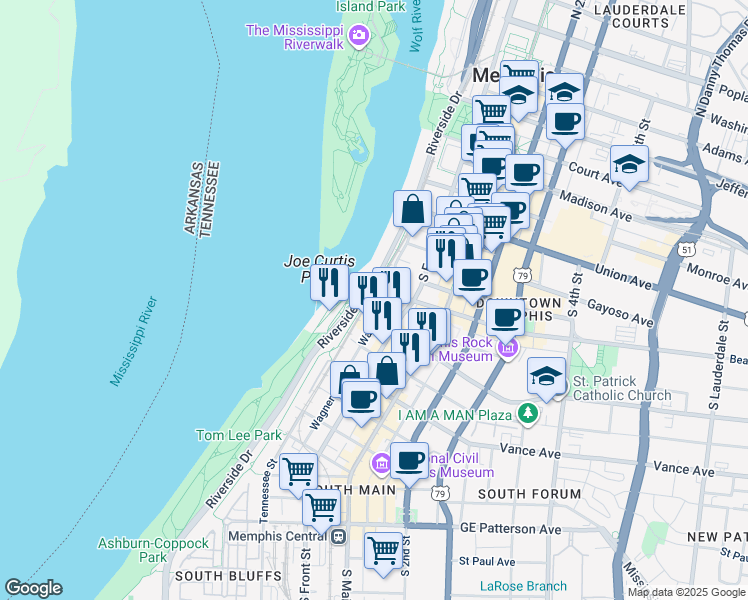 map of restaurants, bars, coffee shops, grocery stores, and more near 245 Wagner Street in Memphis