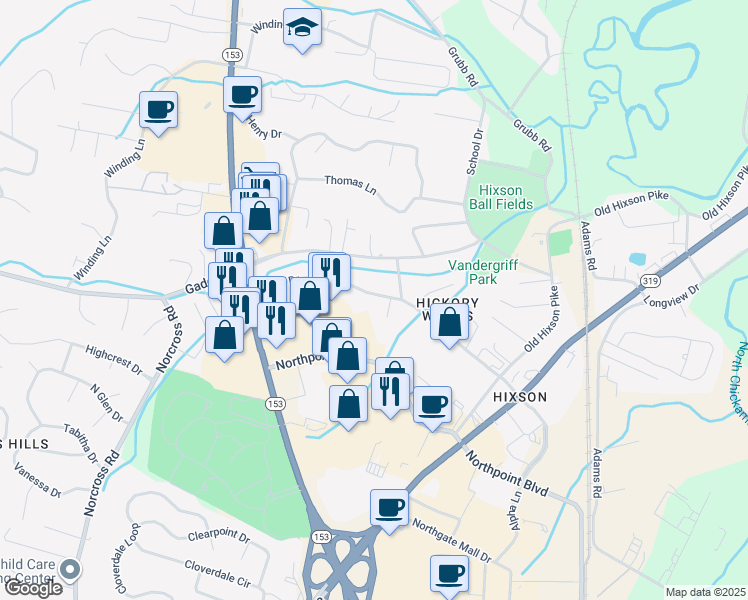 map of restaurants, bars, coffee shops, grocery stores, and more near 1236 Helena Drive in Chattanooga