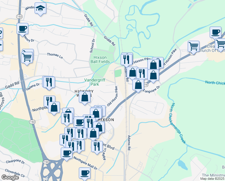 map of restaurants, bars, coffee shops, grocery stores, and more near 5017 Gooden Lane in Chattanooga