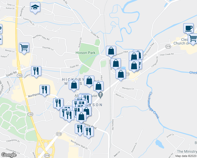 map of restaurants, bars, coffee shops, grocery stores, and more near 5009 Gooden Lane in Chattanooga