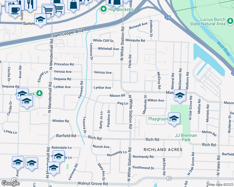 map of restaurants, bars, coffee shops, grocery stores, and more near 5186 Mason Road in Memphis