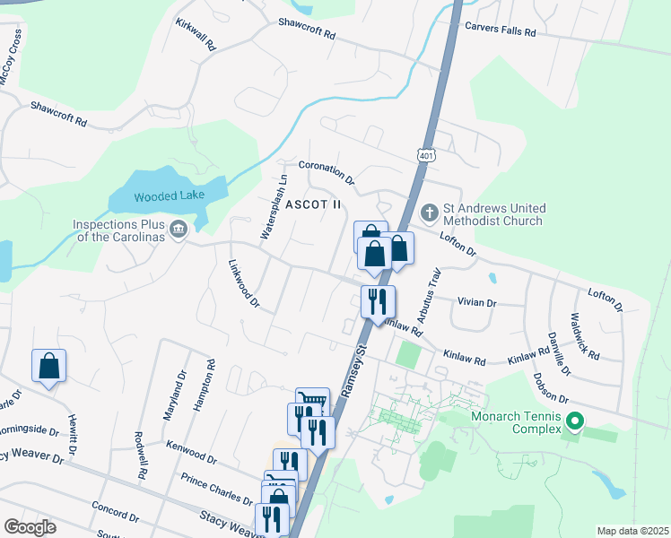 map of restaurants, bars, coffee shops, grocery stores, and more near 5602 Blythewood Lane in Fayetteville