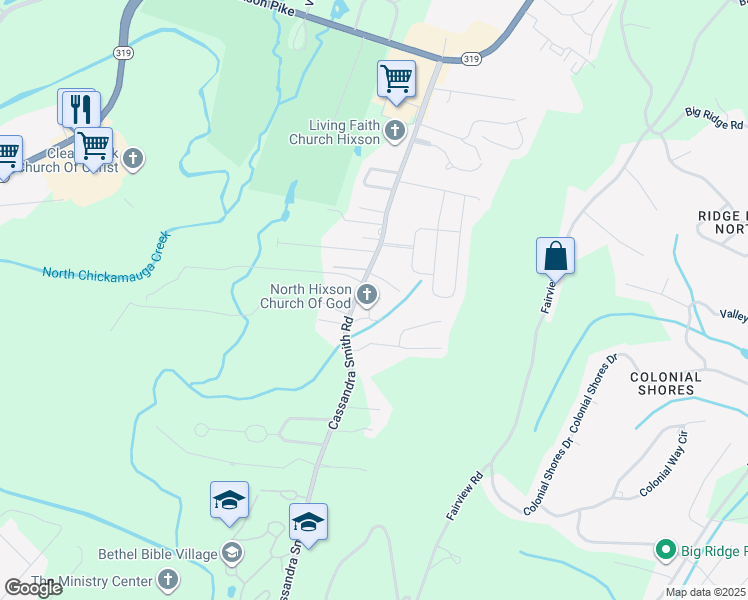 map of restaurants, bars, coffee shops, grocery stores, and more near 5436 Cassandra Smith Road in Chattanooga