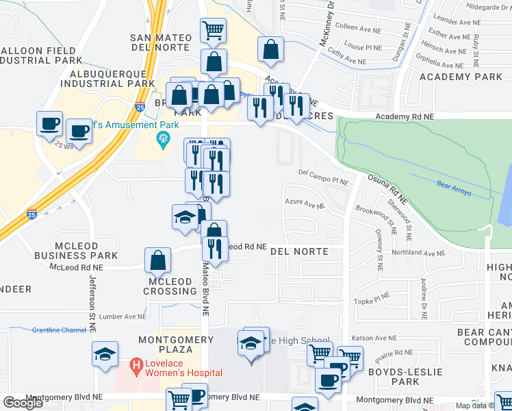 map of restaurants, bars, coffee shops, grocery stores, and more near 4809 Overland Street Northeast in Albuquerque