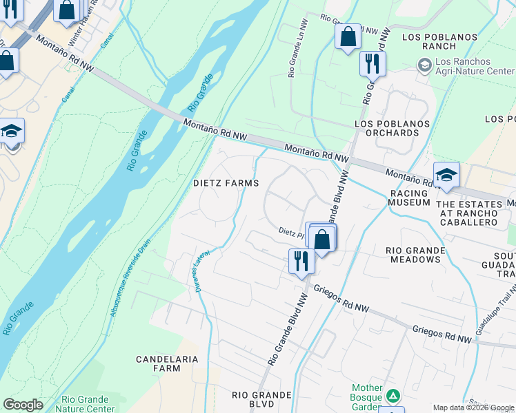 map of restaurants, bars, coffee shops, grocery stores, and more near 4012 Ivylawn Court Northwest in Albuquerque