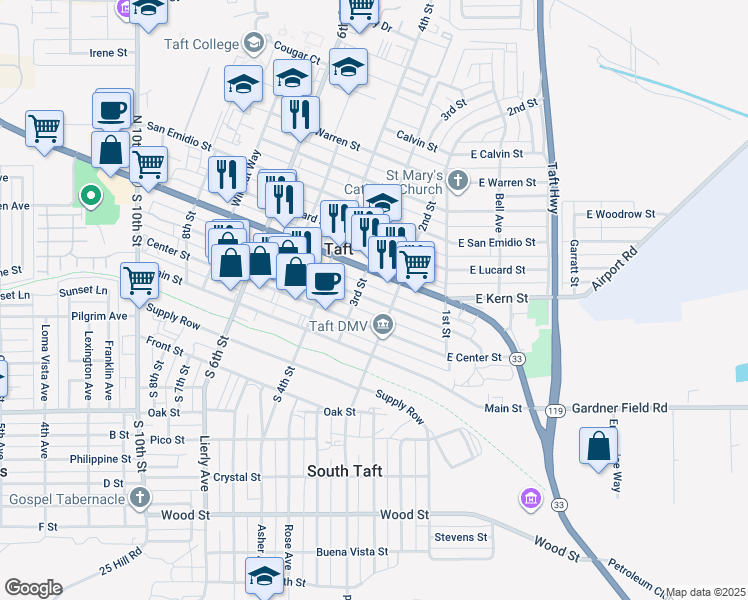 map of restaurants, bars, coffee shops, grocery stores, and more near 225 North Street in Taft