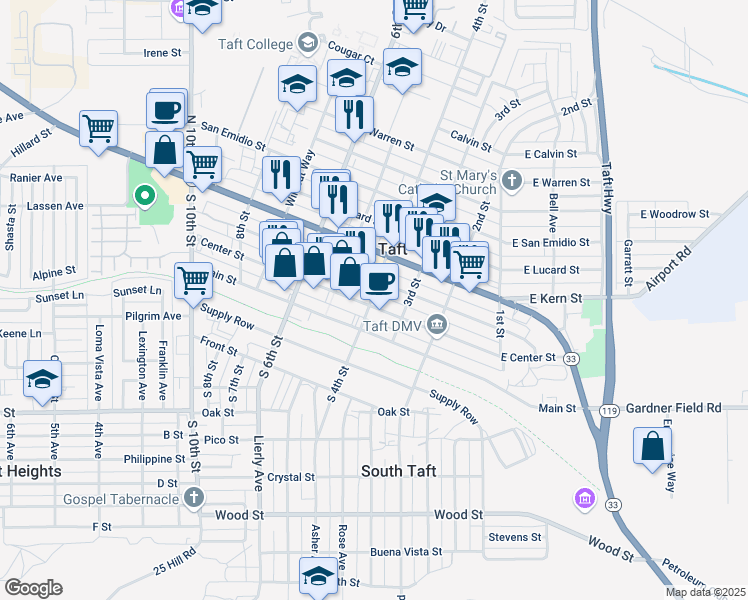 map of restaurants, bars, coffee shops, grocery stores, and more near 318 Center Street in Taft
