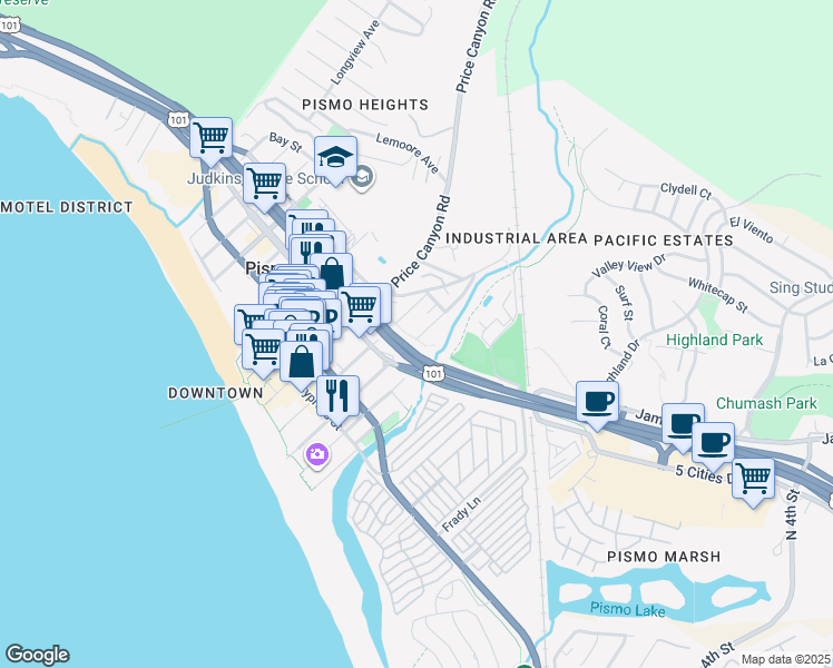 map of restaurants, bars, coffee shops, grocery stores, and more near 450 Ocean View Avenue in Pismo Beach