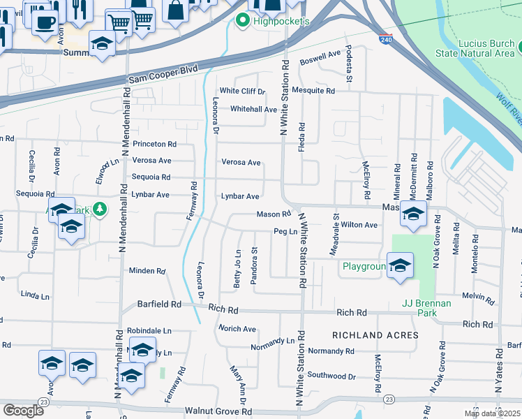 map of restaurants, bars, coffee shops, grocery stores, and more near 5186 Mason Road in Memphis