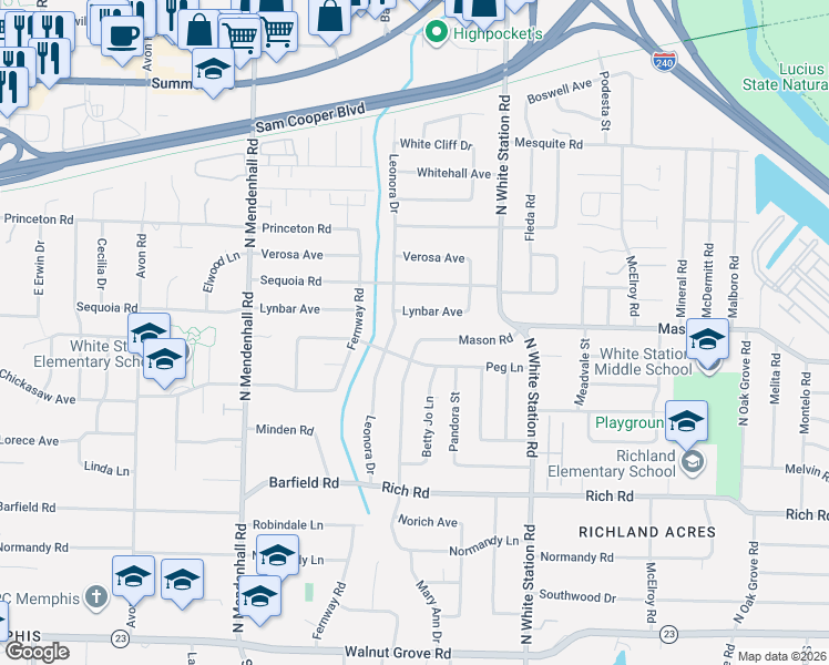 map of restaurants, bars, coffee shops, grocery stores, and more near 5098 Mason Road in Memphis
