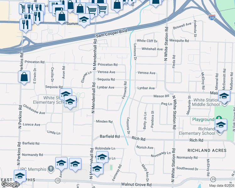 map of restaurants, bars, coffee shops, grocery stores, and more near 5012 North Peg Lane in Memphis