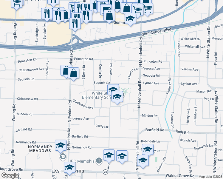 map of restaurants, bars, coffee shops, grocery stores, and more near 349 Avon Road in Memphis