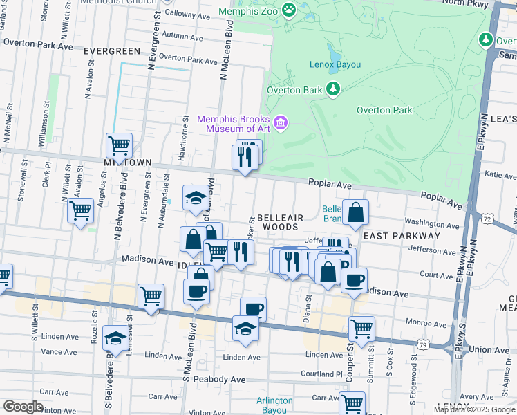 map of restaurants, bars, coffee shops, grocery stores, and more near 117 North Rembert Street in Memphis