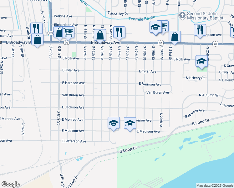 map of restaurants, bars, coffee shops, grocery stores, and more near 433 South 15th Street in West Memphis