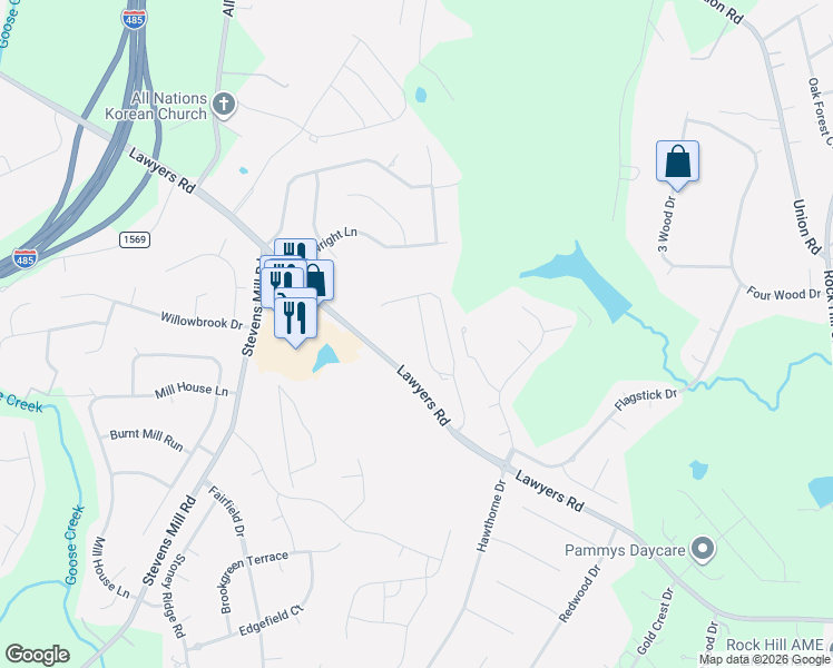 map of restaurants, bars, coffee shops, grocery stores, and more near 1323 Garden Vista Drive in Matthews
