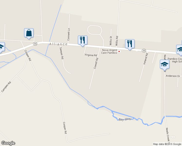 map of restaurants, bars, coffee shops, grocery stores, and more near 250 Cowell Road in Bayboro