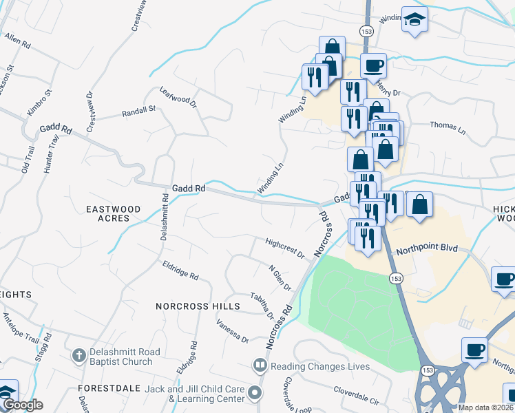 map of restaurants, bars, coffee shops, grocery stores, and more near 4714 Tessie Lane in Chattanooga