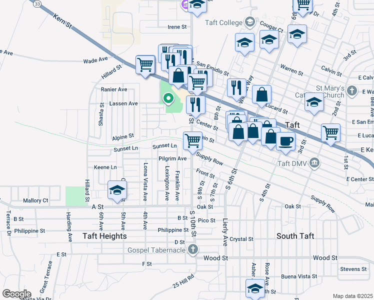 map of restaurants, bars, coffee shops, grocery stores, and more near 215 South 10th Street in Taft