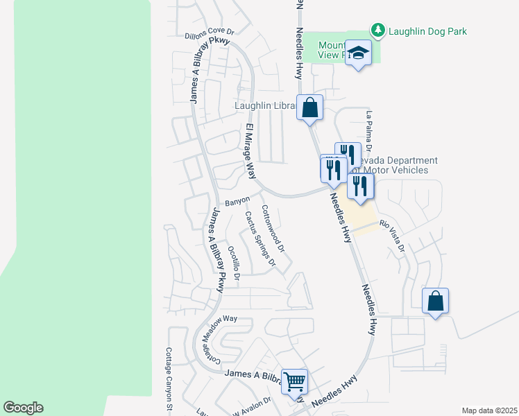 map of restaurants, bars, coffee shops, grocery stores, and more near 3134 Cactus Springs Drive in Laughlin