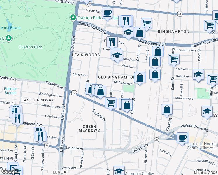 map of restaurants, bars, coffee shops, grocery stores, and more near 201 North Merton Street in Memphis