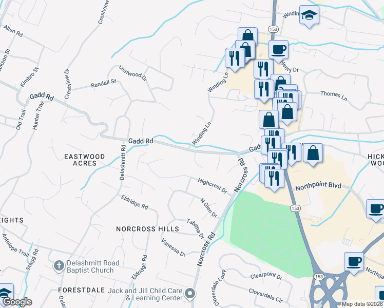 map of restaurants, bars, coffee shops, grocery stores, and more near 4714 Tessie Lane in Chattanooga