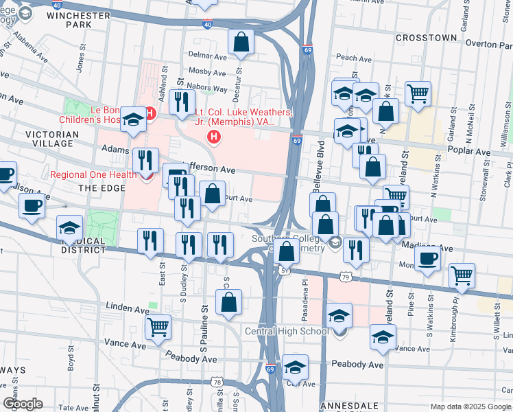 map of restaurants, bars, coffee shops, grocery stores, and more near 1081 Court Avenue in Memphis