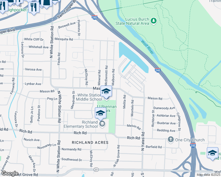 map of restaurants, bars, coffee shops, grocery stores, and more near 5465 Mason Road in Memphis
