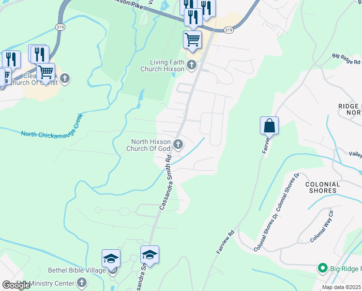 map of restaurants, bars, coffee shops, grocery stores, and more near 5436 Cassandra Smith Road in Chattanooga