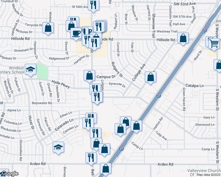 map of restaurants, bars, coffee shops, grocery stores, and more near 5810 Notre Dame Drive in Amarillo