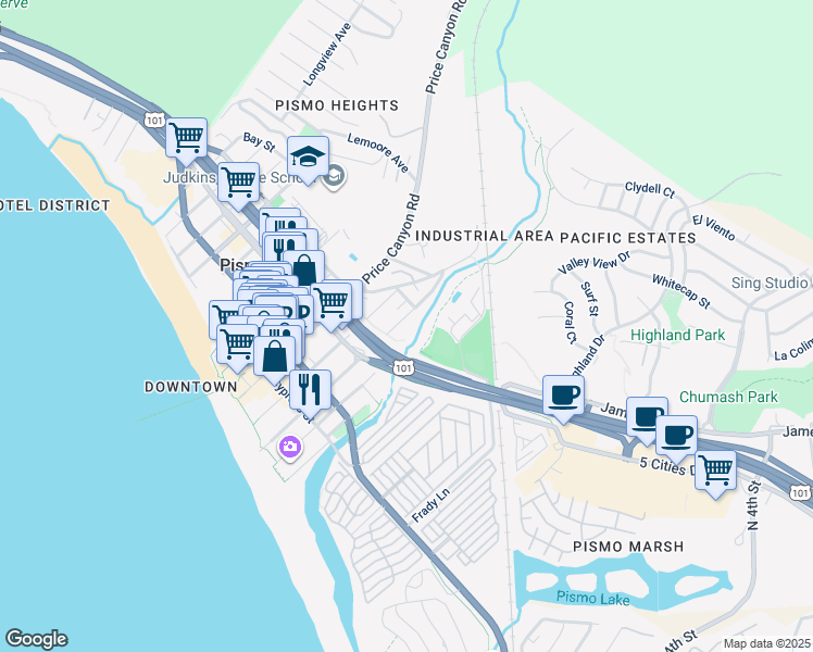 map of restaurants, bars, coffee shops, grocery stores, and more near 450 Ocean View Avenue in Pismo Beach