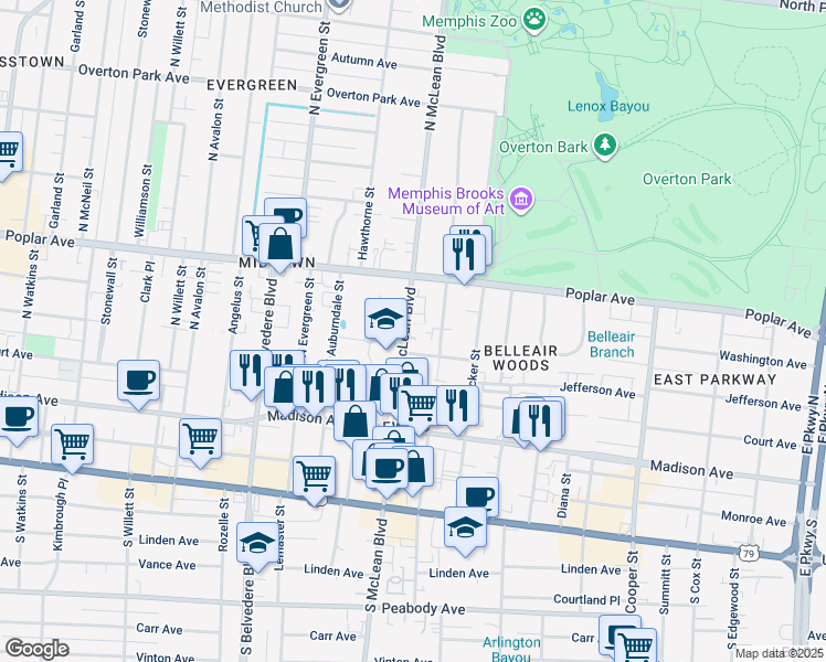 map of restaurants, bars, coffee shops, grocery stores, and more near 115 Barksdale Court in Memphis
