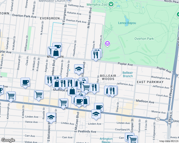map of restaurants, bars, coffee shops, grocery stores, and more near 115 Barksdale Court in Memphis