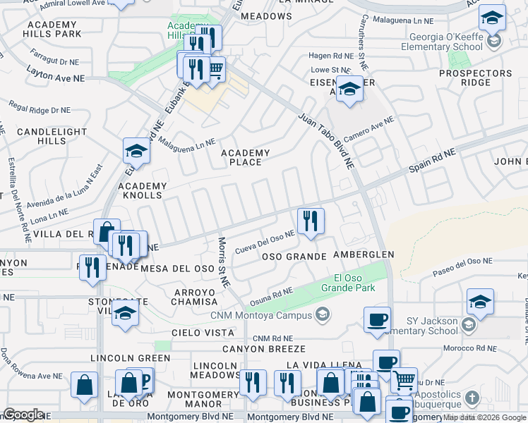 map of restaurants, bars, coffee shops, grocery stores, and more near 5301 Dee Drive Northeast in Albuquerque