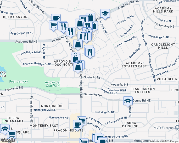 map of restaurants, bars, coffee shops, grocery stores, and more near 8416 Spain Road Northeast in Albuquerque
