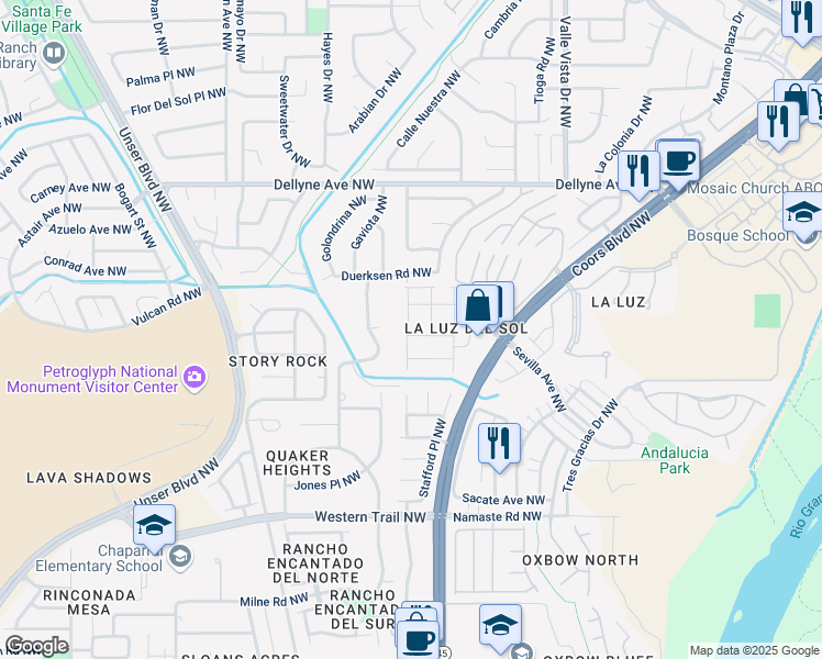 map of restaurants, bars, coffee shops, grocery stores, and more near 5528 Costa Uerde Road Northwest in Albuquerque