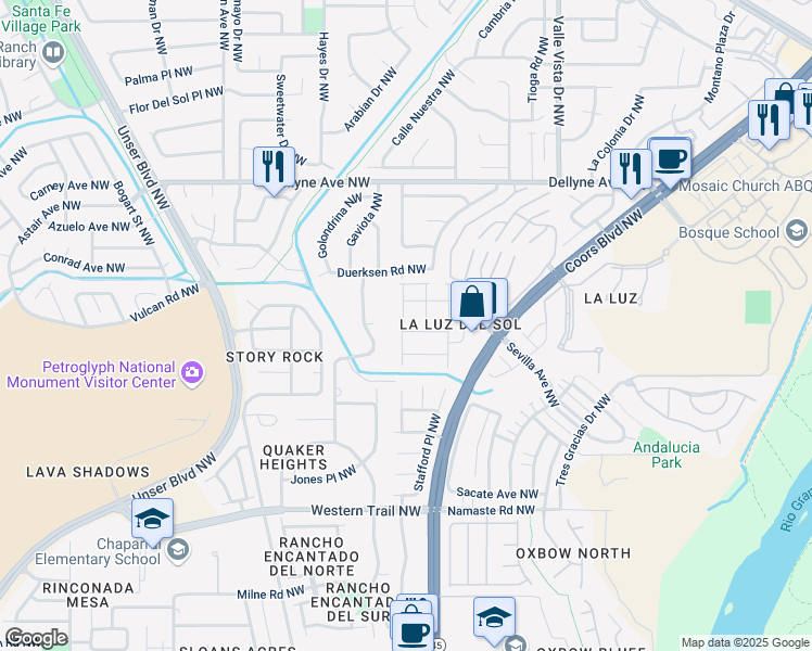 map of restaurants, bars, coffee shops, grocery stores, and more near 5528 Costa Uerde Road Northwest in Albuquerque