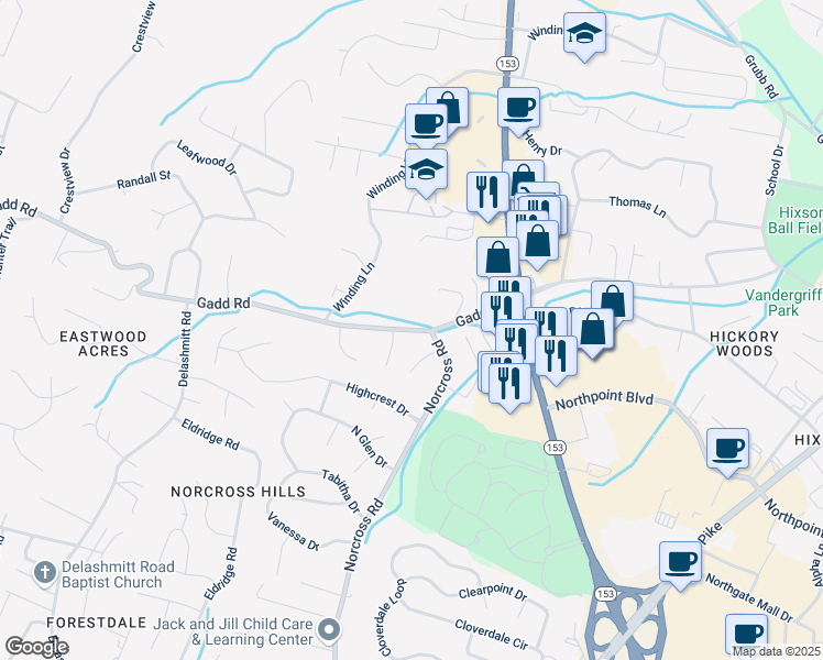 map of restaurants, bars, coffee shops, grocery stores, and more near 4707 Sabrina Lane in Chattanooga